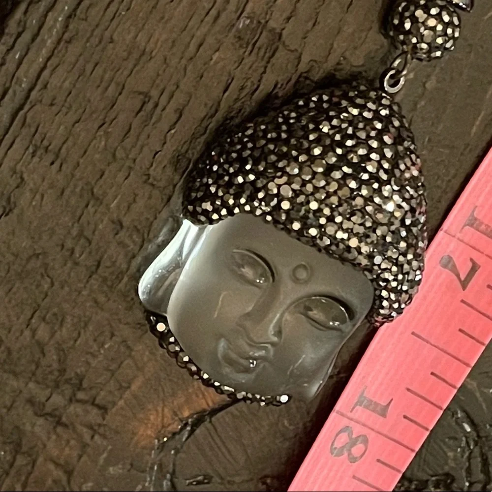 Glass Buddha pendant necklace with in pyrite/ Hematite beads. 32 inches long. - Picture 2 of 10